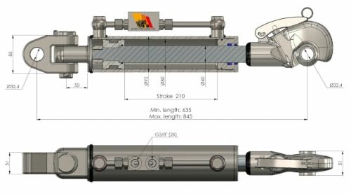 Hydraulic top Link cat.3-3 Stroke 210 mm with Ball Joint & Hook, Heavy Duty