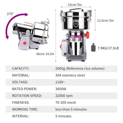 2000g Grain Mill, 304 Stainless Steel Spice Grinder, 3600W High-speed Commercial Flour Mill, Superfine Flour Mill Grinder for Home, Grain Mill for Flour - size: 2000g
