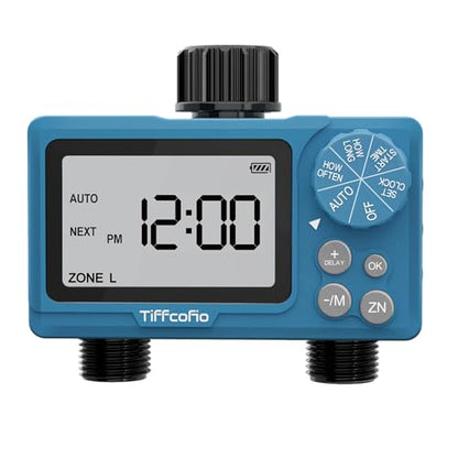 TiFFCOFiO Sprinkler Timer Outdoor, Digital Programmable for Garden Hose, Irrigrtion Timer with Rain Delay and Manual Mode (2 Oulets, 1 Pack)