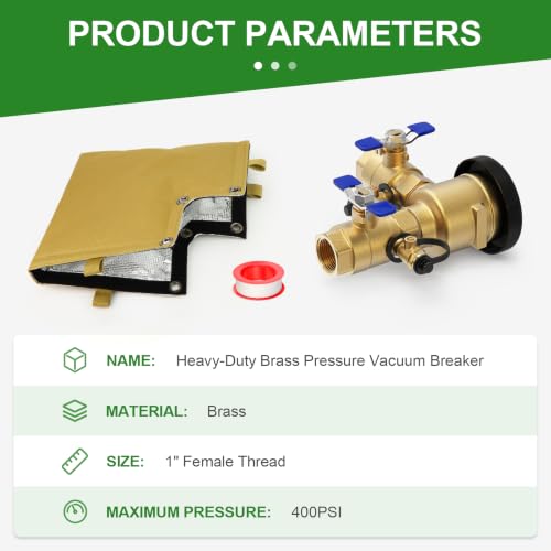 TAISHER 1" Heavy-Duty Brass Pressure Vacuum Breaker- 400 PSI Max Backflow Prevention Valve for Irrigation Systems & Commercial Water with Insulated Freeze Protection Cover Kit - size: 1"FNPT