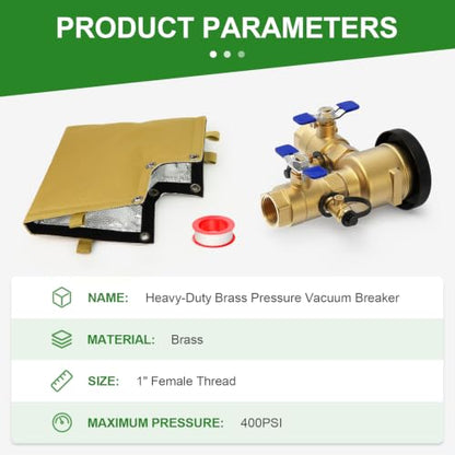 TAISHER 1" Heavy-Duty Brass Pressure Vacuum Breaker- 400 PSI Max Backflow Prevention Valve for Irrigation Systems & Commercial Water with Insulated Freeze Protection Cover Kit - size: 1"FNPT