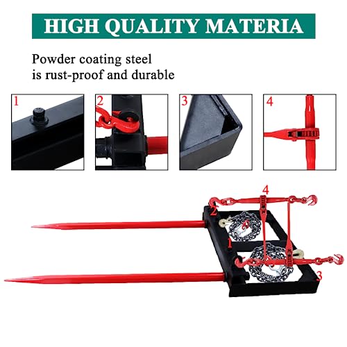 49" Dual Hay Bale Spear Attachment, 3000lbs Load Capacity Universal Front Skid Steer Tractor Loader Bucket, 2 Chains and Ratchet Binders Included