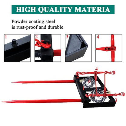 49" Dual Hay Bale Spear Attachment, 3000lbs Load Capacity Universal Front Skid Steer Tractor Loader Bucket, 2 Chains and Ratchet Binders Included