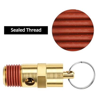 QWORK Brass Pressure Relief Valve (2 Pack) - 1/4 Inch NPT Threaded, 150 PSI Rating, Air Compressor Check Valve with Seal Thread Locks