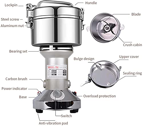 Grain Mill Grinder 750g High Speed Electric Stainless Steel Grinder Cereals Corn Flour Pulverizer Powder Machine for Dry Spice Herbs Grains Coffee Rice Pepper - size: 750 g
