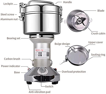 Grain Mill Grinder 750g High Speed Electric Stainless Steel Grinder Cereals Corn Flour Pulverizer Powder Machine for Dry Spice Herbs Grains Coffee Rice Pepper - size: 750 g