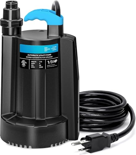 LEO 1/3 HP Automatic Sump Pump, 2250GPH Submersible Utility Pump, 10ft Cord - color: Deep Black