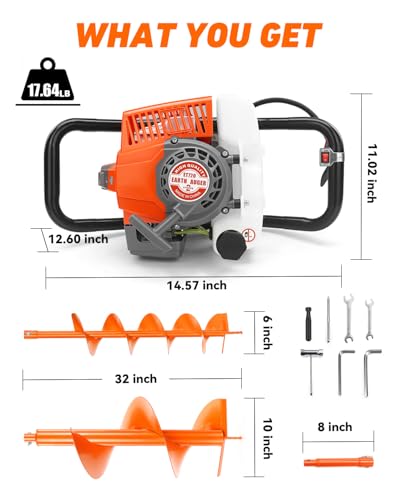 NEO-TEC 72CC Post Hole Digger Gas Powered, 2-Stroke Earth Auger Hole Digger - size: 72CC+6"+10"+1 Extension