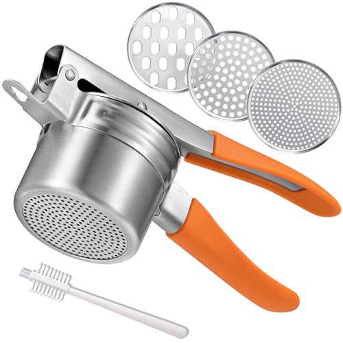 Potato Ricer,Stainless Steel Potato Masher Anti-Slip Grip,Orange | 3 texture discs, holiday batch prep for soft produce, suitable home and commercial kitchen daily use, matched cleaning brush - color: Orange