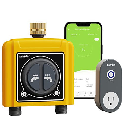 RAINPOINT WiFi Water Timer with Brass Inlet, 2 Outlets Sprinkler Timer,Automatic Irrigation System Controller, APP & Voice Control, Irrigation by Weather/Quantity/Soil Moisture - color: Pale Yellow, size: 2 Zone