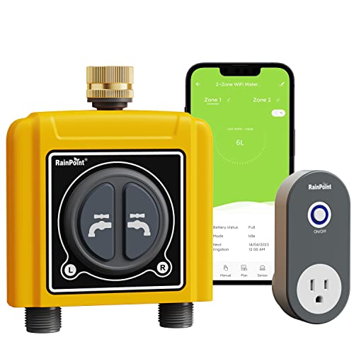 RAINPOINT WiFi Water Timer with Brass Inlet, 2 Outlets Sprinkler Timer,Automatic Irrigation System Controller, APP & Voice Control, Irrigation by Weather/Quantity/Soil Moisture - color: Pale Yellow, size: 2 Zone