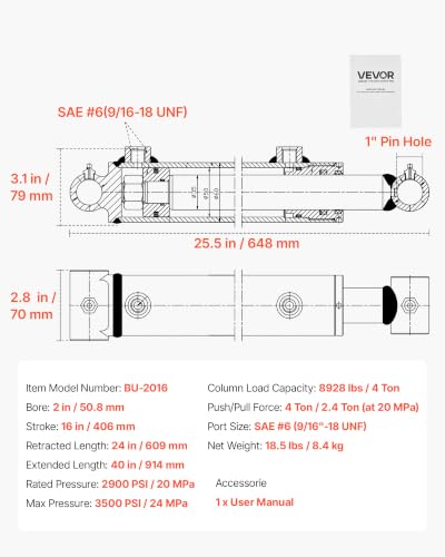 VEVOR Double Acting Hydraulic Cylinder, 2" Bore x 16" Stroke, Max 3500PSI Hydraulic Cylinder, Heavy-Duty Welded Cross Tube Cylinders with 1" Pin Hole & SAE #6 Port for Agricultural Machinery, Tractors - size: 2x16