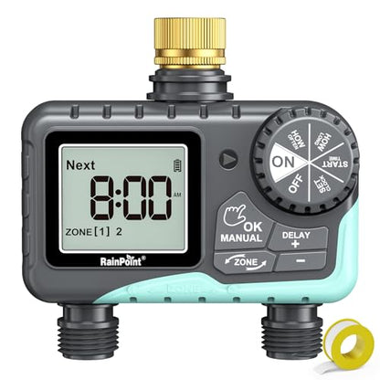 RAINPOINT Sprinkler Timer 2 Outlet, Water Timer for Garden Hose, Programmable Drip Irrigation for Yard Outdoor Watering, Rain Delay/Manual/Automatic