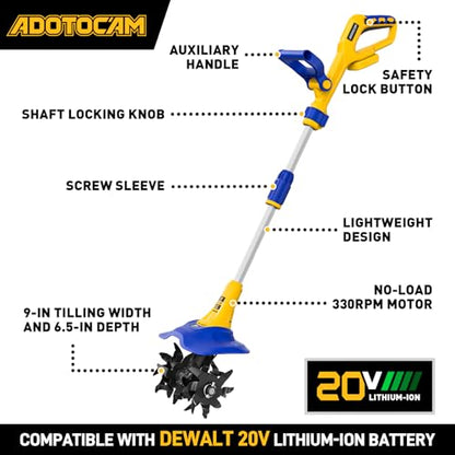 Electric Tiller for Gardening Compatible with Dewalt 20V Battery(Tool Only),330RPM Garden Tiller with 48 Steel Tines,9'' Tilling Width & 6.5'' Depth Rototillers for Lawn/Soil Cultivation - color: Yellow