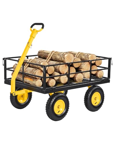 VEVOR Steel Garden Cart, 1200 lbs Heavy Duty Pullable Garden Wagon Yard Cart, 2 in 1 Outdoor Metal Utility Wagon Yard Trailer with 13" All Terrain Tires, Mesh Detachable Sides and 180° Rotating Handle - color: Yellow + Black
