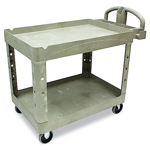 Rubbermaid Commercial Products BRUTE Heavy Duty 2-Shelf Utility/Service Cart, Medium, Lipped Shelves, Ergonomic Handle, 500 lbs. Capacity, Beige, for Warehouse/Garage/Cleaning/Maintenance - color: Beige, size: Medium, style: 2-Shelf