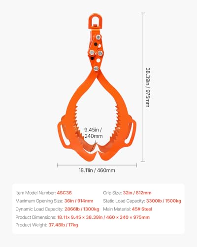 VEVOR 36in Log Lifting Tongs 4 Claw Solid Steel Log Grapple Swivel Tools - size: 36in, style: 4 Serrated Claw