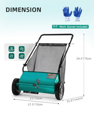 Push Lawn Sweeper, 27.5 in Yard Sweeper with 6 cu ft Bag - color: Green, size: 27.5 in