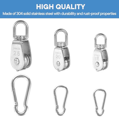 2X 304 Stainless Steel M25 Single Swivel Rope Pulley Blocks with Snap Hooks - size: M25-2pcs
