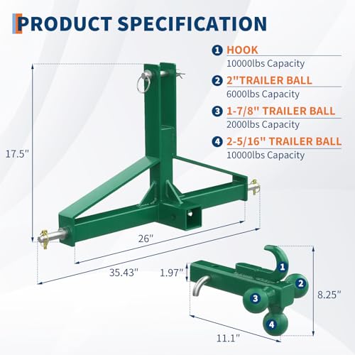 3 Point Hitch Receiver 2" Receiver Tractor Quick Hitch Attachment - color: Green, size: 35.4"x17.5"