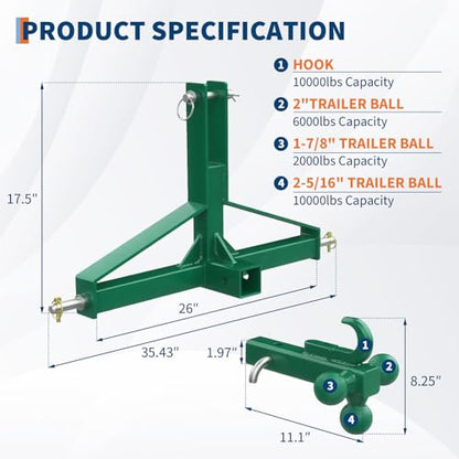 3 Point Hitch Receiver 2" Receiver Tractor Quick Hitch Attachment - color: Green, size: 35.4"x17.5"