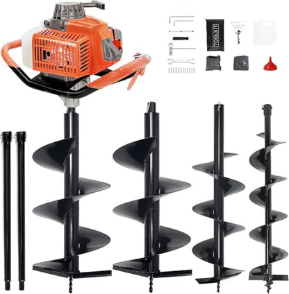 72CC Auger Post Hole Digger Gas Powered w/ 3 Bit & 2 Rods - color: 4" & 8" & 12" Auger Bits + 24“ & 24" Ext Rod