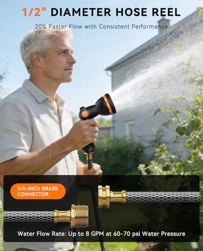 SUNPOW Retractable Garden Hose Reel - 1/2" x 150ft Wall Mounted Hose Reel with 3/4'' Brass Fitting & 10-Pattern Nozzle - Auto Slow Retraction, Any-Length Lock, 180°Swivel for Lawn & Gardening - size: 1/2" 150FT