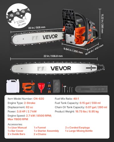 VEVOR Gas Powered Chainsaw 20 & 22 Inch 62CC 3.8HP 2 Stroke Engine Saw - size: 62CC-20&22in