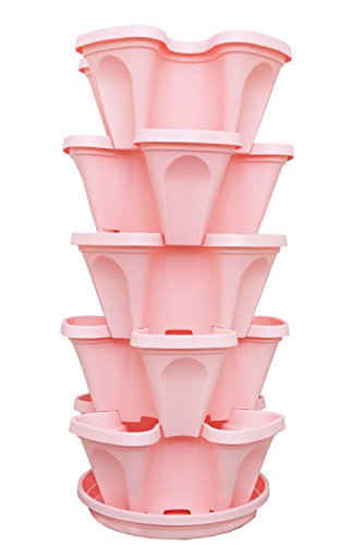Mr. Stacky 5-Tier Pink Strawberry and Herb Garden Planter - Stackable Gardening Pots with 10 Inch Saucer