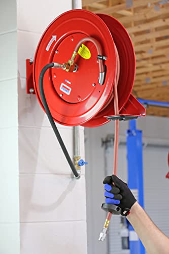 Lincoln 83754 Value Series Air/Water Retractable Hose Reel with 50' x 3/8" Rubber Air Hose, 1/2" NPT, 300 PSI, Slotted Mounting Base, 5-Position Adjustable Outlet Arm, All-steel Construction, Red