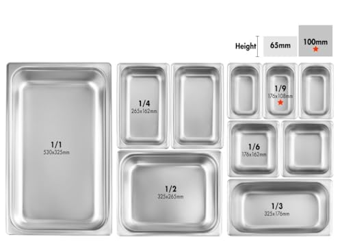 New Star Foodservice 1/9 Size Stainless Steel Steam Table Pan, 7.0 x 4.3 x 4.0 Inches, 18/8 Stainless Steel, 24 Gauge, NSF Certified (Set of 6) - size: 1/9 Size, style: 4" Deep