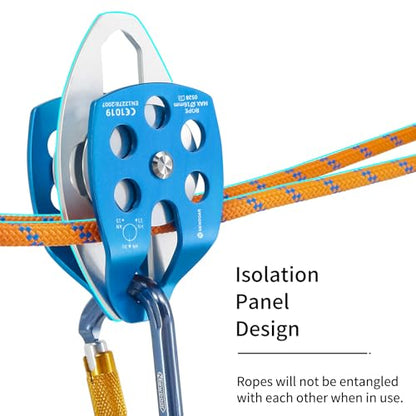 NewDoar CE Certified 30KN Large Rescue Single/Double Pulley with Swing Plate | Aluminum alloy 30kN/6746lb breaking strength,Fits rope up to 16mm ,Portable Ideal for rescue hauling & tree climbing - color: Blue-Double Pulley-2pc