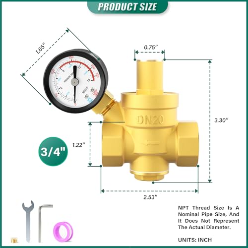 3/4 inch Brass Water Pressure Regulator, with Gauge 0-220PSI, DN20 Adjustable Pressure Reducing Valve, Ideal for pipe fitting