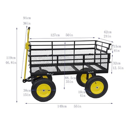 Heavy-Duty Iron Garden Cart Wagon with 1100 lbs Capacity, 15 inch Pneumatic Tires for Firewood, Debris & Outdoor Tasks - 55" L x 24" W x 46.8" H,Yellow & Black - size: 1100 LBS