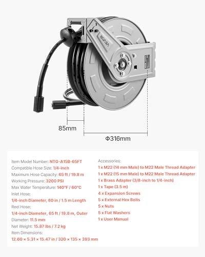 VEVOR Pressure Washer Hose Reel, 65 ft x 1/4 inch Retractable Power Heavy-Duty Steel Washer Hose Reel, 3200PSI Max, Auto-Rewinding, Flexible Wall/Floor Mounted for Car Washing,Garden,Floor Cleaning - size: 65 ft x 1/4 inch, 3200PSI