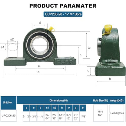4 Pack UCP206-20 Pillow Block Mounted Ball Bearing - 1-1/4" Bore - Solid Cast Iron Base - Self Aligning (206) - size: 4, style: UCP206-20