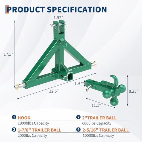 3 Point Hitch Receiver 2" Receiver Tractor Quick Hitch Attachment - color: Green, size: 32.5"x17.5"