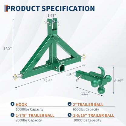 3 Point Hitch Receiver 2" Receiver Tractor Quick Hitch Attachment - color: Green, size: 32.5"x17.5"