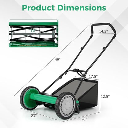 16" Manual Rear Mower, Push Lawn Mower with 5 Steel Blades, Adjustable Cutting Heights & Grass Catcher Bag, Walk-Behind Grass Cutter Lawn Sweeper for Garden, Park & Yard (Green) - color: Green, size: 16"