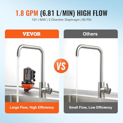 VEVOR 12V Diaphragm Pump, 1.8 GPM (6.81 L/min), 3-Chamber 12 Volt DC Water Pump with Automatic Pressure Switch 40-100 PSI Adjustable, 60 PSI, 1/2'' MNPT Port, for RV Yacht Food Truck Camper Marine - size: 12V, 1.8GPM, 60PSI(Adjustable)