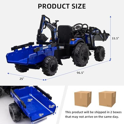 3 in 1 Kids 24V Ride On Tractor, Excavator & Bulldozer, Electric Vehicle w/Trailer, Digger, Shovel Bucket, Remote Control, EVA Tires, LED Lights, Music & USB, Battery Powered Ride On Car Toy, Blue