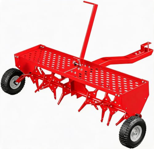40-Inch Tow Behind Plug Aerator,Pull Behind Aerator with Durable Steel Tines Lawn & Tray and Pneumatic Tires Tow Behind Spike Aerator for Lawn, Farm,Planting - color: Red-6T, size: 40in