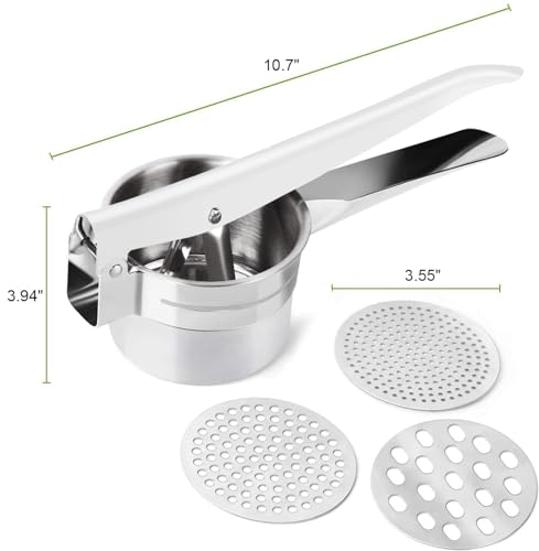 Potato Ricer 15oz Stainless Steel by Zorgons - Sturdy Masher for Creamy Mashed Potatoes, Sweet Potato Smasher with Comfort Grip Handle - Essential Kitchen Gadget for Pressing and Mashing - size: 10 x 3.9 x 3.9 inches