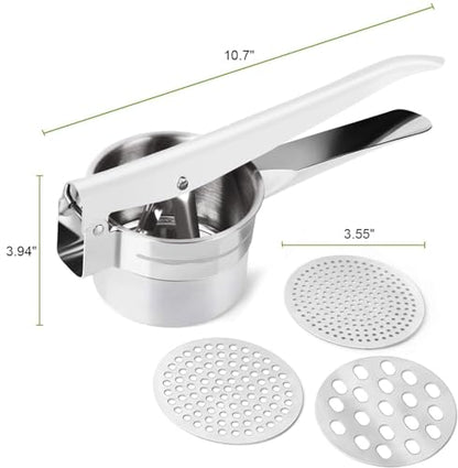 Potato Ricer 15oz Stainless Steel by Zorgons - Sturdy Masher for Creamy Mashed Potatoes, Sweet Potato Smasher with Comfort Grip Handle - Essential Kitchen Gadget for Pressing and Mashing - size: 10 x 3.9 x 3.9 inches