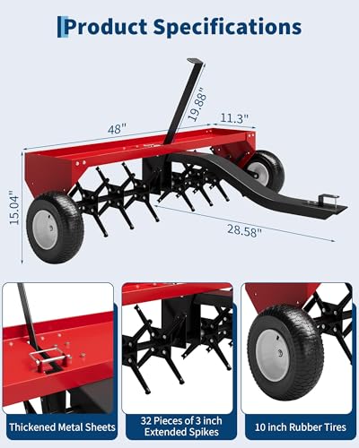 48" Tow Behind Lawn Plug Aerator with Universal Hitch, Red - color: Red-48 Inch