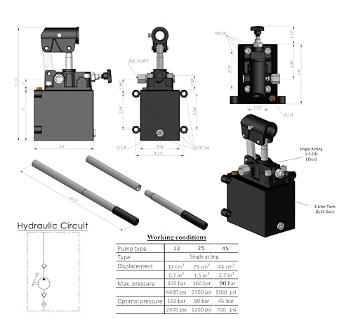 Spare Parts Holland - Single Acting Hydraulic Piston Hand Pump with Release Knob, Hand Operated Hydraulic Pump 3/8" NPTF Ports (1.5 CID 1 Qrt Tank (0.27 Gal) - size: 1.5 CID 1 Qrt. tank (0.27 Gal)