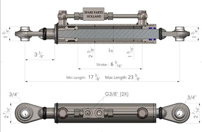Hydraulic Top Link Cat. 1 with Locking Block Including 2 Hoses (Length Selectable) (Min: 17 3/8" - Max: 23 5/8" (Eye to Eye))