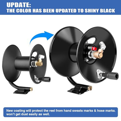 MEKOH Pressure Washer Hose Reel 50ftx3/8” / 65ftx1/4”, 4000PSI Heavy Duty Power Washer Hose Reel with M22-14 Fitting, Hand Crank Metal Reel with Wall/Trailer/Van Mount, Manual Hose Reel for Water