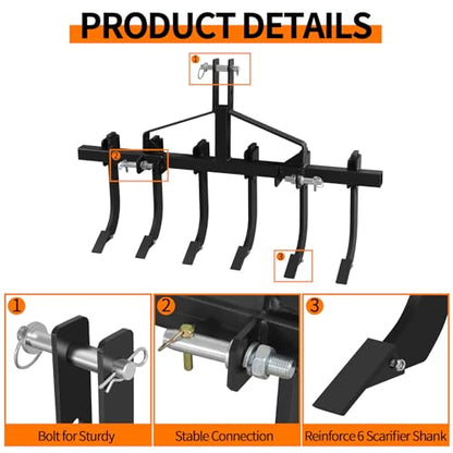 Three-Point Scarifier - 48" Width with 6 Adjustable Beveled-Edge Steel Tines. Great for Breaking Up Difficult Soil, Ripping Through Roots, & Breaking Up Clay