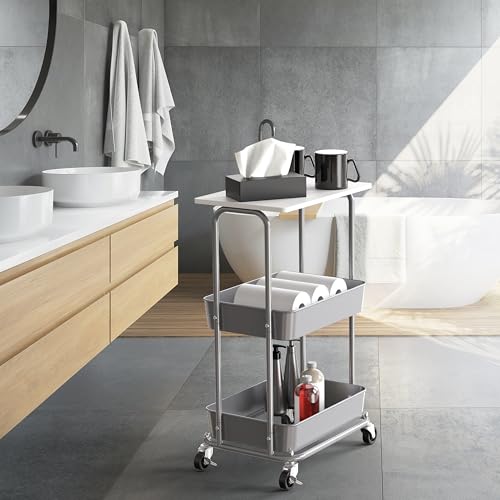 Simple Houseware 2-Tier Rolling Utility Cart Wood Top/Lockable Wheel, White - color: White
